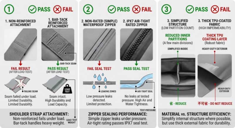 Bartacked versus unreinforced strap anchor under load test, rated versus unrated zipper in a seal test, and legitimate simplification options