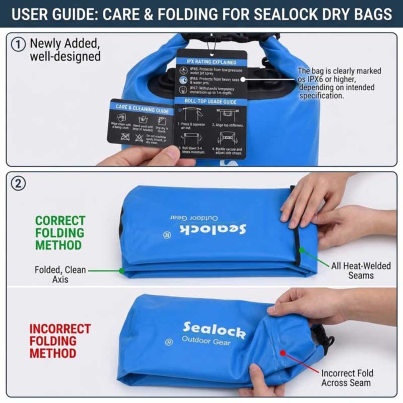 Hangtag stating the IPX rating in plain language, correct folding away from welded seams, and moisture-controlled staging before cartoning