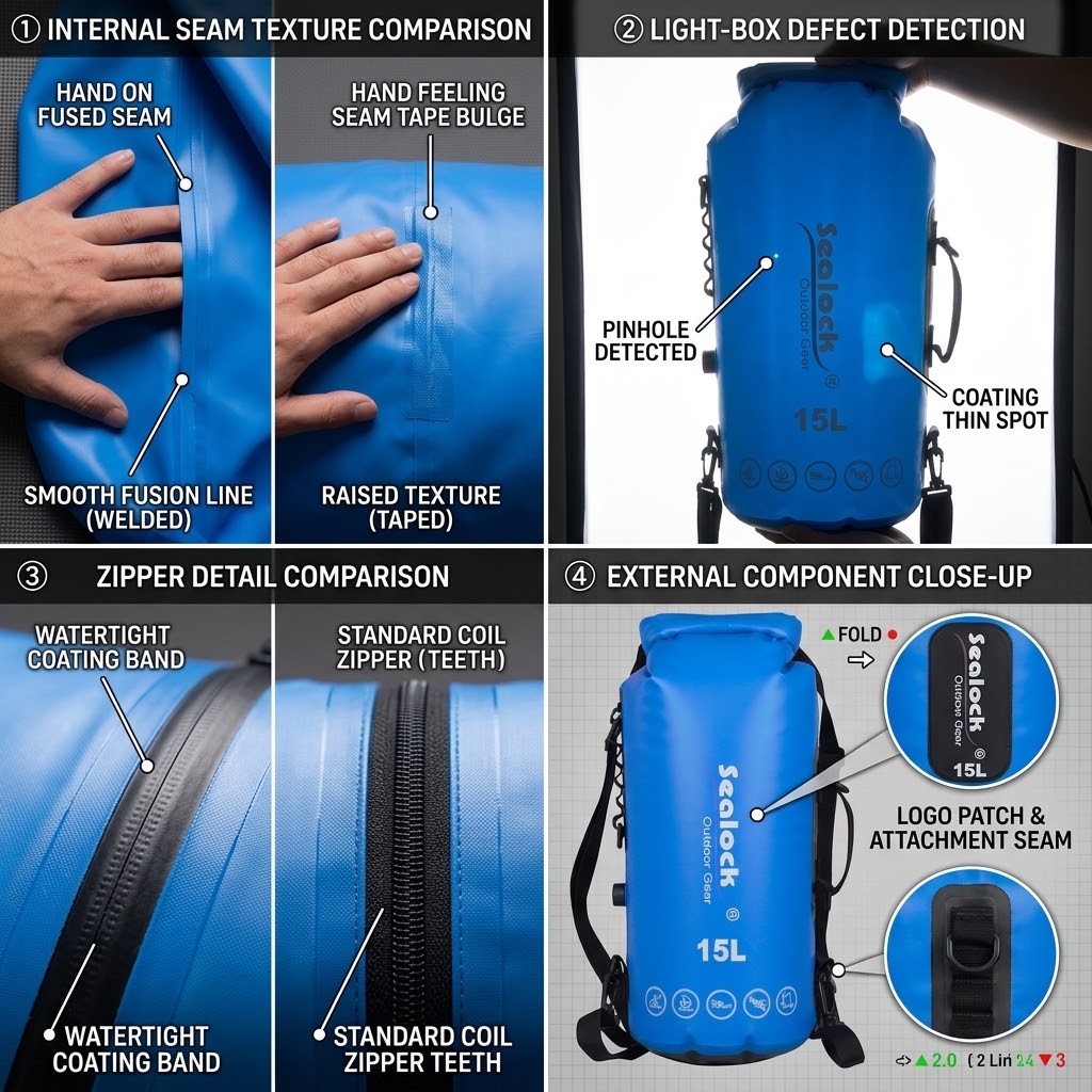 Four quick checks — feeling for welded versus taped seams inside the bag, backlighting to reveal pinholes, comparing a coated waterproof zipper with a standard one, and inspecting the logo patch